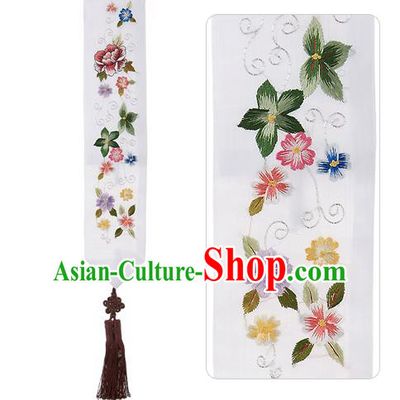 Asian Korean Embroidered Flowers White Waist Decorations, Korean National Belts Accessories Bride Wedding Hanbok Waist Pendant for Women