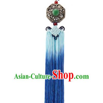 Asian Korean Chinese Knot Blue Tassel Jade Waist Decorations, Korean National Belts Accessories Bride Wedding Hanbok Waist Pendant for Women