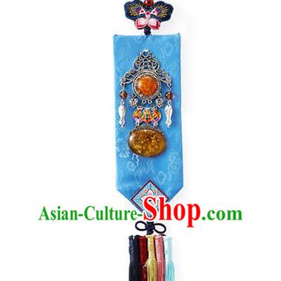 Asian Korean Hanbok Embroidered Blue Waist Decorations, Korean National Belts Accessories Wedding Bride Waist Pendant for Women