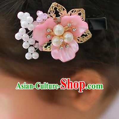 Korean National Hair Accessories Pink Shell Flower Hair Claw, Asian Korean Hanbok Fashion Headwear Hair Stick for Kids