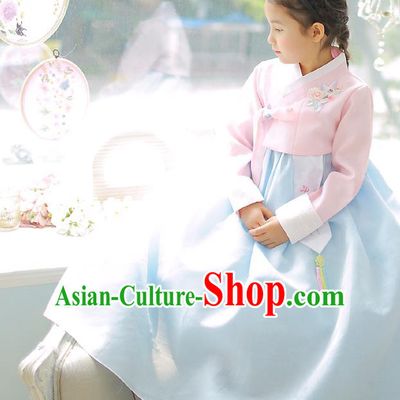 Asian Korean National Handmade Formal Occasions Embroidery Pink Blouse and Blue Dress Hanbok Costume for Kids