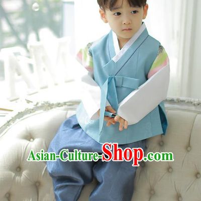 Asian Korean National Traditional Handmade Formal Occasions Boys Embroidery Blue Hanbok Costume Complete Set for Kids