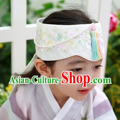 Traditional Korean Hair Accessories Bride Embroidered Flowers White Tassel Hats, Asian Korean Fashion Hanbok Headwear for Girls