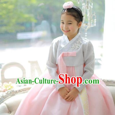 Asian Korean National Handmade Formal Occasions Embroidered Grey Blouse and Pink Dress Palace Hanbok Costume for Kids