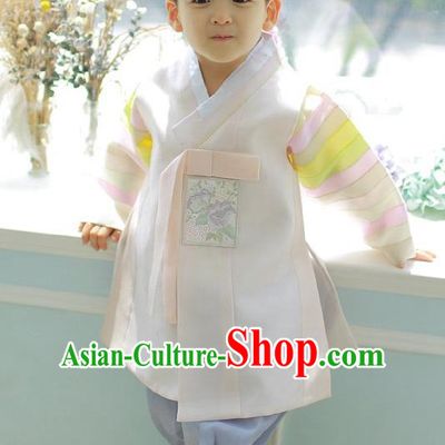 Asian Korean National Handmade Formal Occasions Embroidered Palace Prince White Hanbok Costume Complete Set for Boys