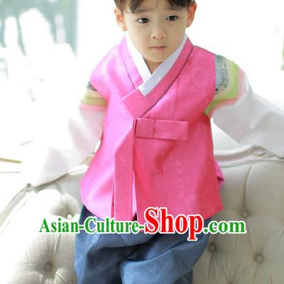Asian Korean National Handmade Formal Occasions Embroidered Palace Prince Rosy Hanbok Costume Complete Set for Boys