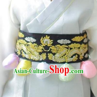 Traditional Korean Accessories Embroidered Dragon Black Waist Belts, Asian Korean Fashion Waistband Decorations for Kids