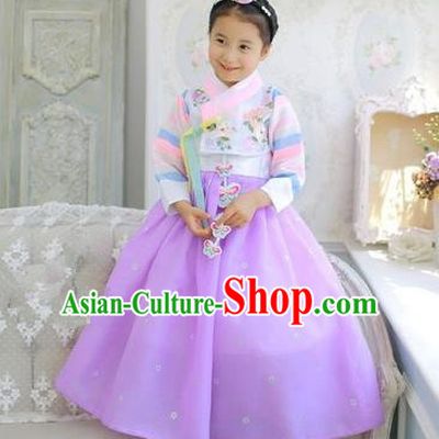 Asian Korean National Handmade Formal Occasions Embroidered White Blouse and Purple Dress Palace Hanbok Costume for Kids