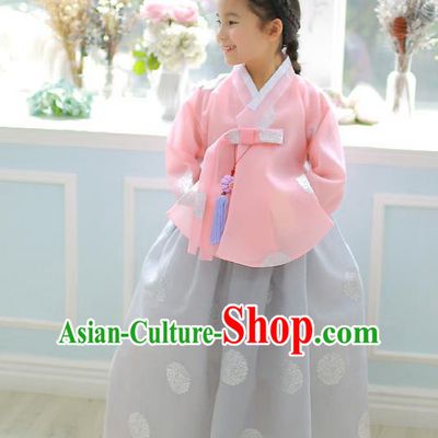Asian Korean National Handmade Formal Occasions Embroidered Pink Blouse and Grey Dress Palace Hanbok Costume for Kids