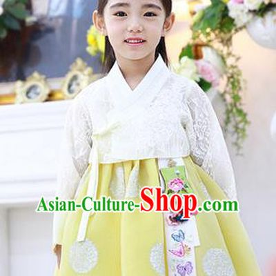 Asian Korean National Handmade Formal Occasions Embroidered White Lace Blouse and Yellow Dress Palace Hanbok Costume for Kids