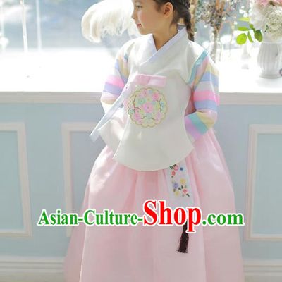 Asian Korean National Handmade Formal Occasions Embroidered White Blouse and Pink Dress Palace Hanbok Costume for Kids