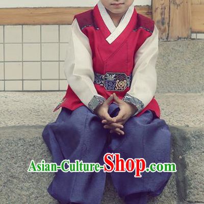 Asian Korean National Handmade Formal Occasions Embroidered Palace Prince Red Hanbok Costume Complete Set for Boys