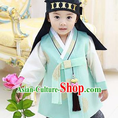 Asian Korean National Handmade Formal Occasions Embroidered Palace Prince Green Hanbok Costume Complete Set for Boys