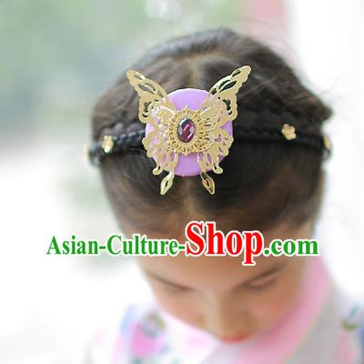 Korean National Hair Accessories Butterfly Purple Hair Clasp, Asian Korean Hanbok Fashion Headwear Headband for Kids
