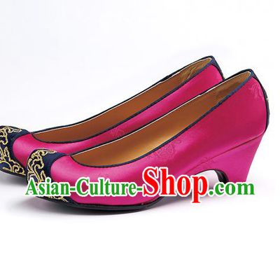 Traditional Korean National Wedding Embroidered Rosy Shoes, Asian Korean Hanbok Bride Embroidery Shoes for Women