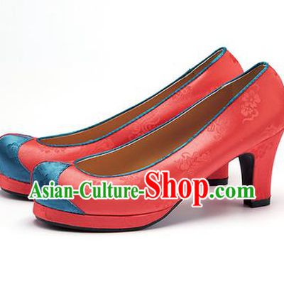 Traditional Korean National Wedding Embroidered Watermelon Red High-heeled Shoes, Asian Korean Hanbok Bride Embroidery Satin Shoes for Women