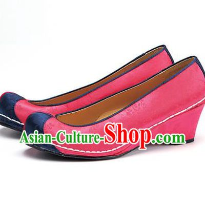 Traditional Korean National Wedding Embroidered Shoes, Asian Korean Hanbok Bride Embroidery Rosy Satin Shoes for Women