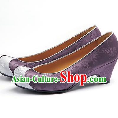 Traditional Korean National Wedding Purple Embroidered Shoes, Asian Korean Hanbok Bride Embroidery Satin High-heeled Shoes for Women