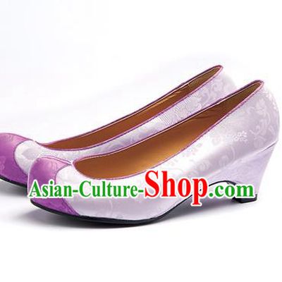 Traditional Korean National Wedding Lilac Embroidered Shoes, Asian Korean Hanbok Bride Embroidery Satin High-heeled Shoes for Women