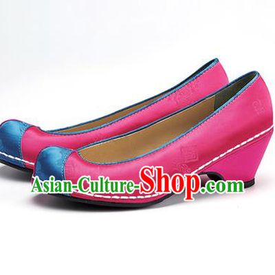 Traditional Korean National Wedding Embroidered Shoes, Asian Korean Hanbok Bride Embroidery Rosy Satin Block Heels Shoes for Women