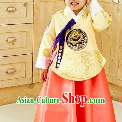 Asian Korean National Handmade Formal Occasions Wedding Embroidered Yellow Blouse and Red Dress Palace Hanbok Costume for Kids