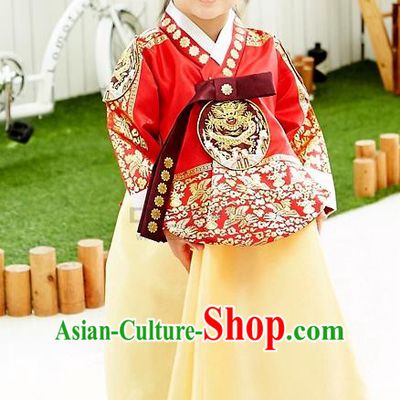 Asian Korean National Handmade Formal Occasions Wedding Embroidered Red Blouse and Yellow Dress Traditional Palace Hanbok Costume for Kids