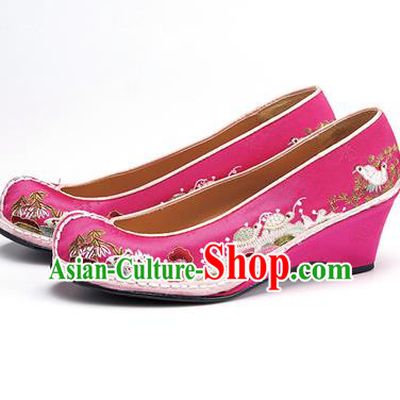 Traditional Korean National Wedding Shoes Embroidered Shoes, Asian Korean Hanbok Embroidery Rosy Bride Court Shoes for Women