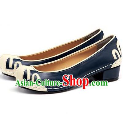 Traditional Korean National Wedding Shoes Embroidered Shoes, Asian Korean Hanbok Embroidery Blue Court Shoes for Women