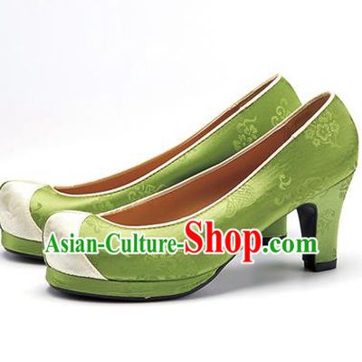 Traditional Korean National Wedding Shoes Green Embroidered Shoes, Asian Korean Hanbok High-heeled Court Shoes for Women