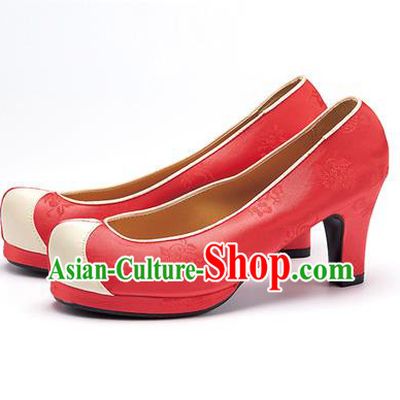 Traditional Korean National Wedding Shoes Watermelon Red Embroidered Shoes, Asian Korean Hanbok High-heeled Court Shoes for Women