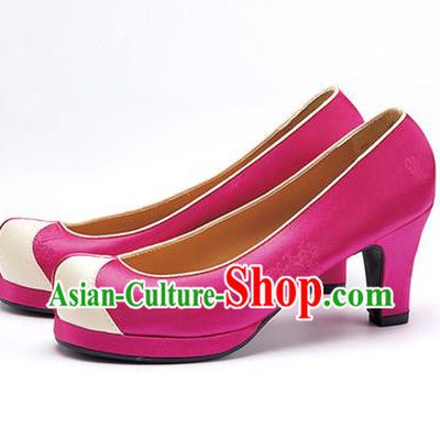 Traditional Korean National Wedding Shoes Rosy Embroidered Shoes, Asian Korean Hanbok High-heeled Court Shoes for Women