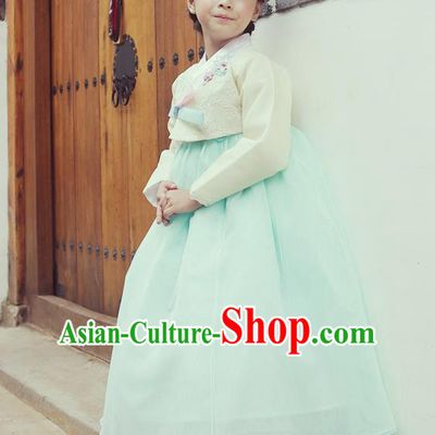 Asian Korean National Handmade Formal Occasions Wedding Embroidered White Blouse and Blue Dress Traditional Palace Hanbok Costume for Kids