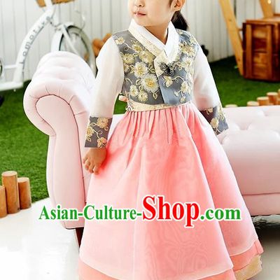 Asian Korean National Handmade Formal Occasions Wedding Embroidered Black Blouse and Pink Dress Traditional Palace Hanbok Costume for Kids