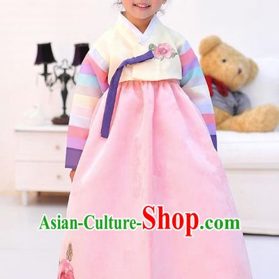 Asian Korean National Handmade Formal Occasions Wedding Embroidered Beige Blouse and Pink Dress Traditional Palace Hanbok Costume for Kids