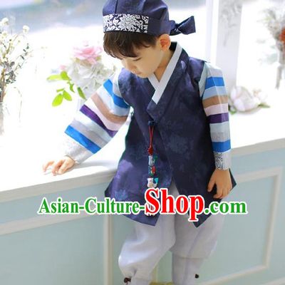Asian Korean National Traditional Handmade Formal Occasions Boys Embroidery Navy Hanbok Costume Complete Set for Kids