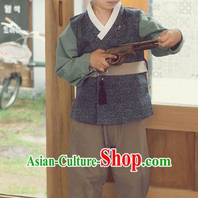 Asian Korean National Traditional Handmade Formal Occasions Boys Embroidery Grey Vest Hanbok Costume Complete Set for Kids