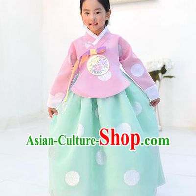 Asian Korean National Handmade Formal Occasions Wedding Printing Pink Blouse and Green Dress Traditional Palace Hanbok Costume for Kids