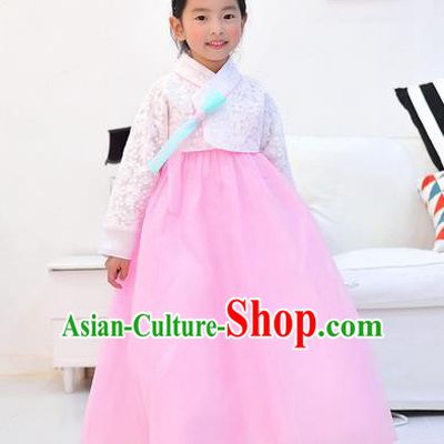 Asian Korean National Handmade Formal Occasions Wedding Embroidered White Lace Blouse and Pink Dress Traditional Palace Hanbok Costume for Kids