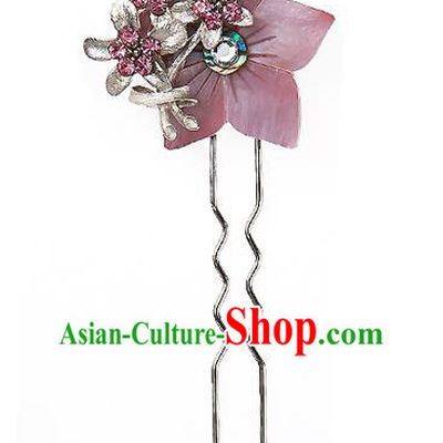 Traditional Korean National Wedding Hair Accessories Bride Palace Purple Flower Hairpins, Korean Hanbok Fashion Hair Stick Headwear for Women