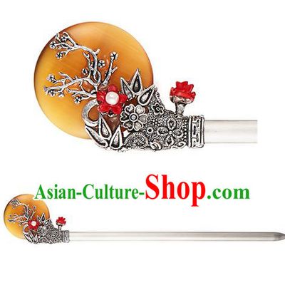 Traditional Korean National Hair Accessories Bride Wedding Yellow Hairpins, Asian Korean Hanbok Fashion Headwear Hair Stick for Women