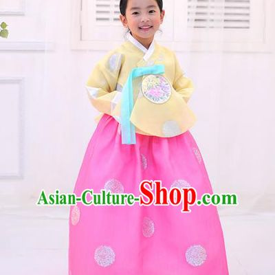 Asian Korean National Handmade Formal Occasions Wedding Printing Yellow Blouse and Pink Dress Traditional Palace Hanbok Costume for Kids