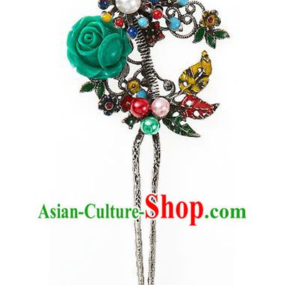 Traditional Korean National Hair Accessories Green Rose Hairpins, Korean Palace Hanbok Fashion Headwear for Women