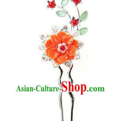 Traditional Korean National Hair Accessories Orange Flowers Hairpins, Korean Palace Hanbok Fashion Headwear for Women