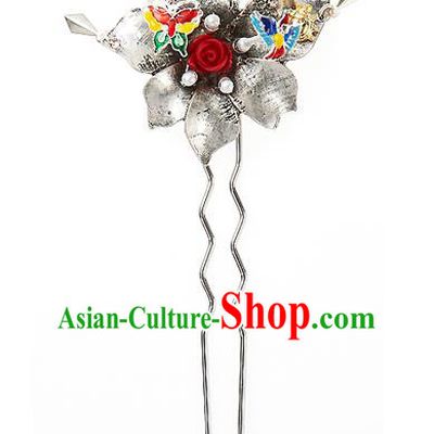 Traditional Korean National Hair Accessories Blueing Butterfly Hairpins, Korean Palace Hanbok Fashion Headwear for Women