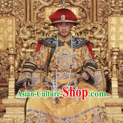 Story of Yanxi Palace Traditional Chinese Qing Dynasty Imperial Emperor Costume and Headwear Complete Set, Chinese Manchu Majesty Mandarin Embroidered Dragon Robe for Men