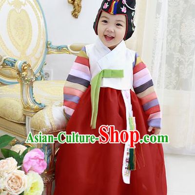 Asian Korean National Handmade Formal Occasions Wedding Clothing White Blouse and Red Dress Palace Hanbok Costume for Kids
