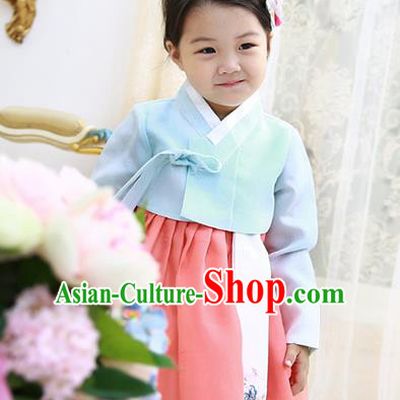 Asian Korean National Handmade Formal Occasions Wedding Clothing Blue Blouse and Pink Dress Palace Hanbok Costume for Kids