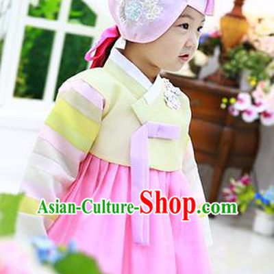 Asian Korean National Handmade Formal Occasions Wedding Clothing Yellow Blouse and Pink Dress Palace Hanbok Costume for Kids