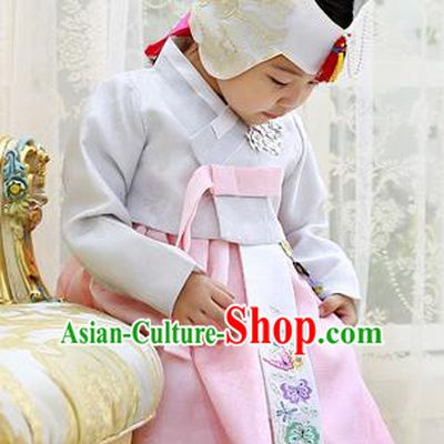 Asian Korean National Handmade Formal Occasions Wedding Clothing Grey Blouse and Pink Dress Palace Hanbok Costume for Kids