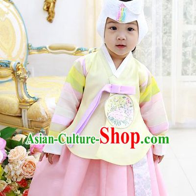 Asian Korean National Handmade Formal Occasions Wedding Clothing Yellow Blouse and Pink Dress Palace Hanbok Costume for Kids